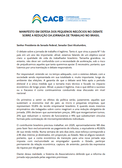 MANIFESTO EM DEFESA DOS PEQUENOS NEGÓCIOS NO DEBATE SOBRE A REDUÇÃO DA JORNADA DE TRABALHO NO BRASIL